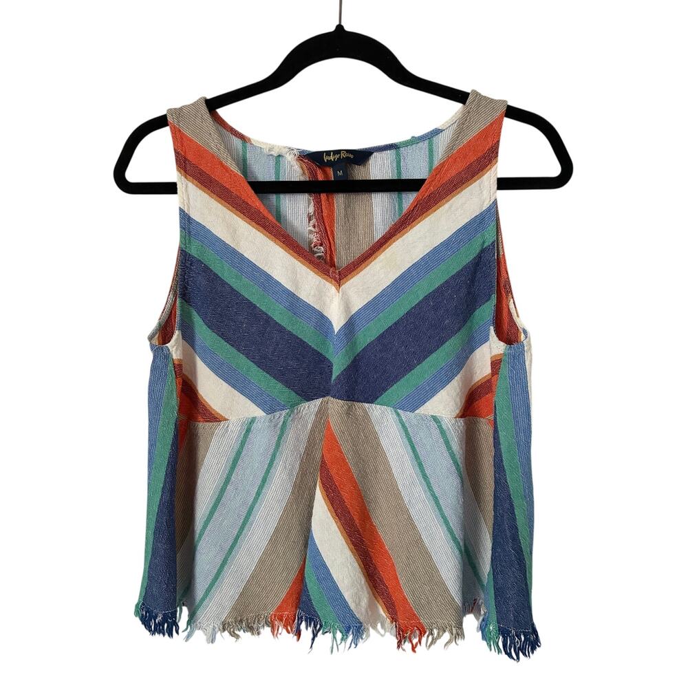 Indigo Rein Tribed Boho Stripped Linen Sleeveless Top Raw Hem Slit Back Sz M